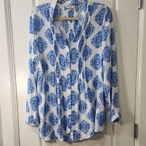 Nanette Lepore Blue and White Floral Button Down Tunic Large